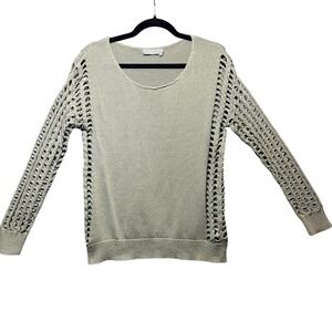 One Grey Day Open Knit Ladder Sleeve Crochet Sweater‎ Sage Green L Boho Cotton